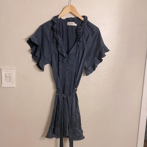 ZIMMERMANN RUFFLE-TRIMMED SILK PLAYSUIT ROMPER JUMPSUIT NAVY BLUE SIZE 2 - Picture 4 of 7